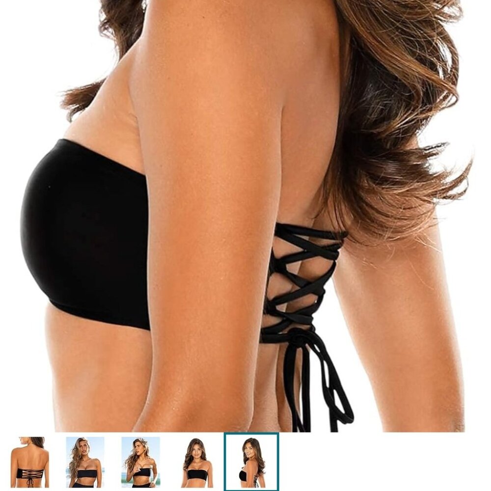 RELLECIGA Womens Black XL Bandeau Bikini Top w Adjustable Lace Up Back NEW NWT
